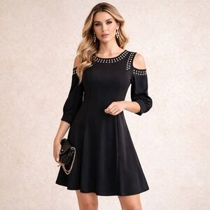 Size Large – Black Studded Cold-Shoulder Dress – Elegant & Flowy